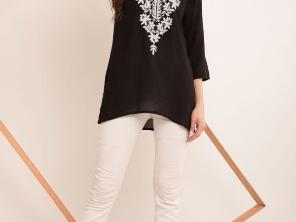 Women Embroidered Cotton Rayon A-line Kurta (Black) | AREEBA FASHION | TA TECHNOLOGIE