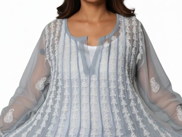 Women’s Chikankari 56 kali Anarkali Steel Grey | indian calculator