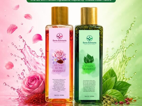 Eeva Extracts - Kesar Rose Water Sharbat & Pan Sharbat – Traditional Indian Syrup Concentrates | Premium Floral & Betel Leaf Essence Drinks | Natural Refreshing Beverage Mix for Milk shakes,Faluda, Lassi,Ice Cream and Desserts | No Artificial Colors or Flavors I 320 gm