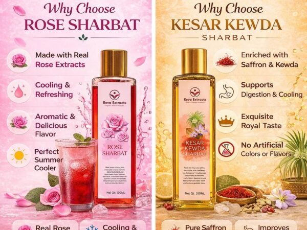 Eeva Extracts - Rose Water Sharbat & Kesar Kewda Sharbat – Natural Traditional Indian Syrup Concentrates | Premium Floral & Saffron Essence Drinks | Refreshing Beverage Mix for Milk Shakes,Ice Cream, Desserts | No Artificial Colors or Flavors I 320 gm