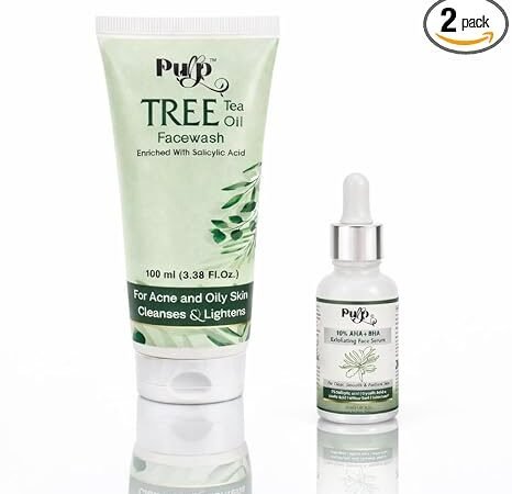 Tree Tea Oil Facewash 100ml with Salicylic Acid for Acne & Oily Skin + Purp 10% AHA BHA Exfoliating Face Serum 30ml for Clear Smooth Skin | Daily Cleanser & Exfoliation Combo Pack | Purp