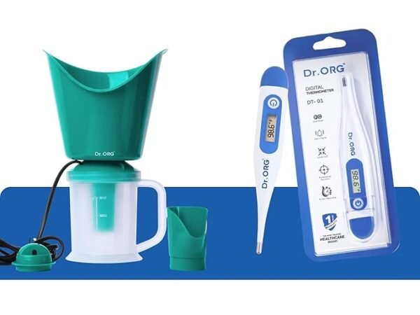 3 in 1 steamer for cold and cough (GREEN) & Digital Thermometer (BLUE) vaporizer steamer for FACIAL Professional Facial Steamer (120 W) | Dr ORG
