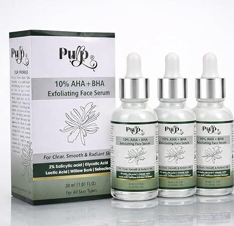 10% AHA + BHA Exfoliating Face Serum 30ml | 2% Salicylic Acid + Glycolic Acid + Lactic Acid | Helps Improve Skin Texture, Smoothness & Clarity | For All Skin Types (Pack of 3) | Purp
