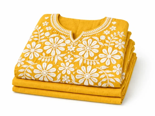 Women’s Mustard Yellow Floral Embroidered Sleeveless Cotton Chickenkari | Rajasthan Shopping