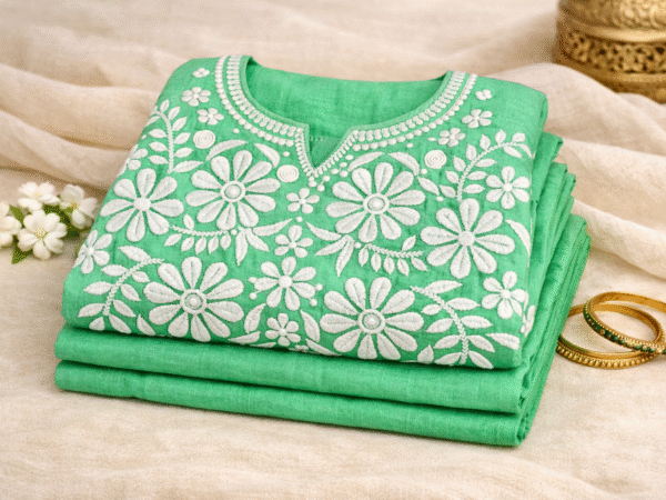 Women’s Mint Green Floral Embroidered Sleeveless Cotton Chickenkari | Meer Chikankari