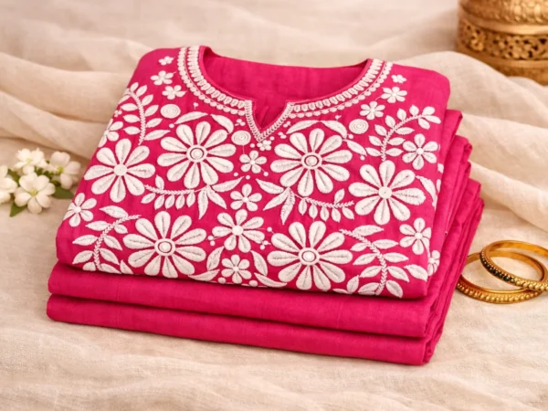 Women’s Pink Floral Embroidered Cotton Chikenkari | Rajasthan Shopping