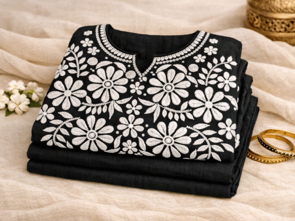 Women’s Black Floral Embroidered Cotton Chikankari | indian calculator