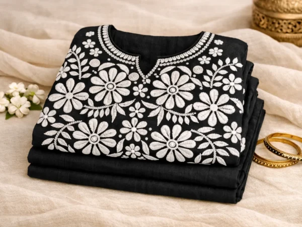 Women’s Black Floral Embroidered Cotton Chikankari | Rajasthan Shopping