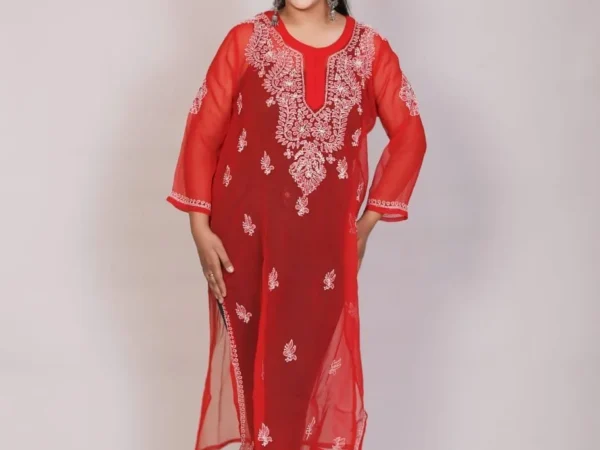 Women’s Gala booty Red Chikankari kurti | Rajasthan Shopping