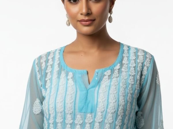 Women’s Chikankari 56 kali Anarkali Cyan Blue | indian calculator