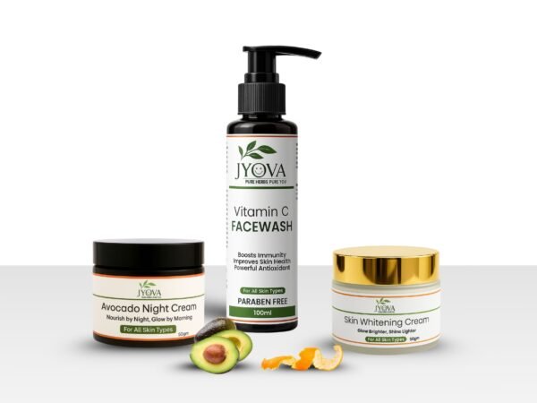 Jyova Skincare Combo – Vitamin C Facewash, Skin Whitening Cream & Avocado Night Cream | Brightening, Deep Clean & Night Repair