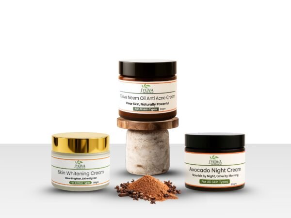 Jyova Skincare Combo – Skin Whitening Cream, Clove Neem Anti Acne Cream & Avocado Night Cream | Brightening, Acne Control & Deep Nourishment