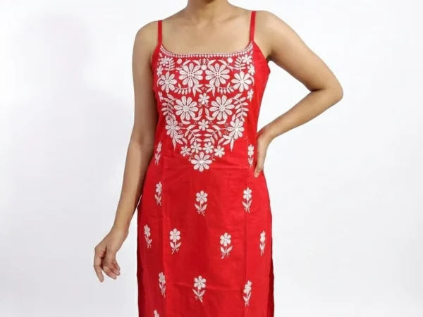 Women’s Red Embroidered Straight Kurti | FashionHub