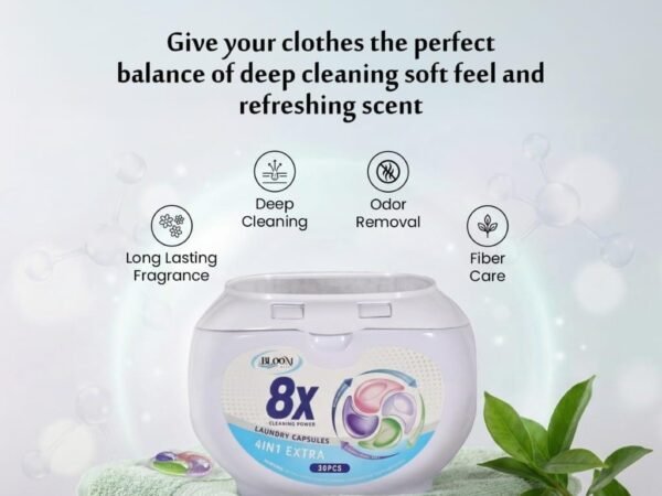 Bloom Well 8X Cleaning Power Laundry Capsules | 4-in-1 Extra Detergent Pods | Deep Cleaning & Fiber Care | 30 Pieces