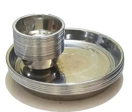 Stainless Steel Dinner Set 9 pcs Plate/Bhojan Kitchen Accessories Items,Stainless Steel Dinner Set (Microwave Safe) | Bluenin