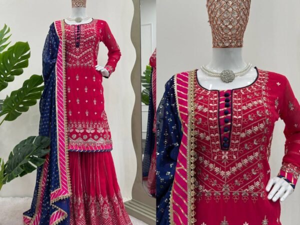 New 5000 Series Designer Sharara Set | Faux Georgette Thread & Sequence Work | Lace Border Dupatta | BRAD LEEZO