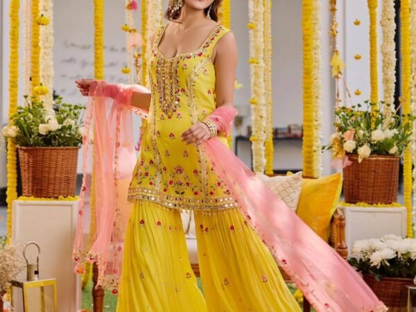 New 5000 Series Designer Sharara Set | Faux Georgette Thread & Sequence Work | Butterfly Net Cutwork Dupatta | BRAD LEEZO