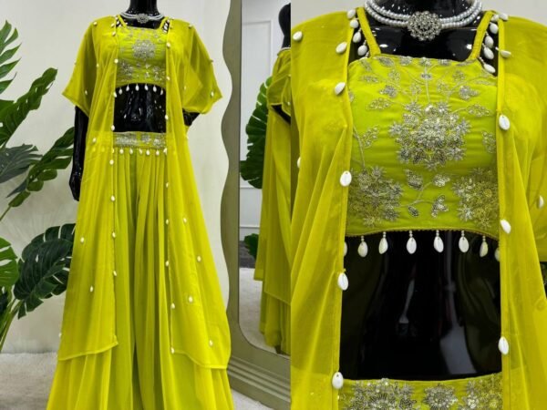 New 5000 Series Designer Sharara Set with Koti | Faux Georgette Thread & Sequence Work | BRAD LEEZO