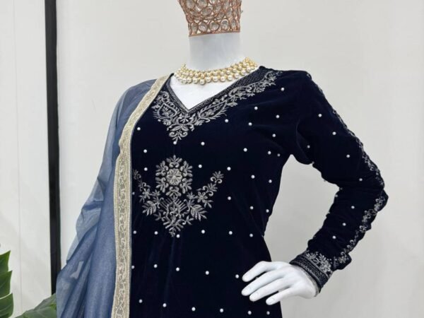 Women’s Viscose Velvet Rivet Moti Work Kurta Pant Set with Organza Dupatta | BRAD LEEZO