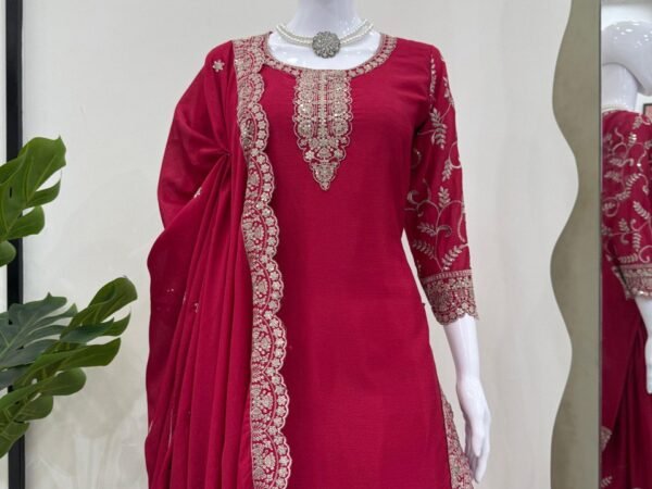 Eid Special Chinon Silk Embroidered Top-Plazo Set with Dupatta | BRAD LEEZO