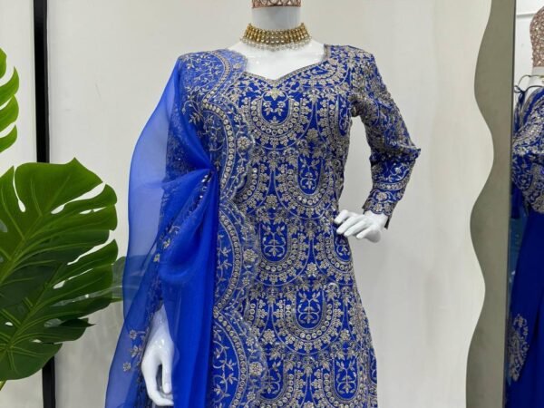 New 5000 Series Designer Plazo Set | Chinon Silk Thread & Sequence Work Suit | Organza Cutwork Dupatta | BRAD LEEZO