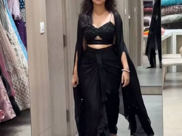 Designer Satin Silk Dhoti Style Set with Shrug & Unstitched Choli | BRAD LEEZO