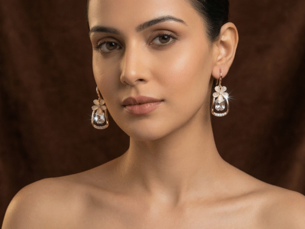 Elowen Bloom Crystal Drop Earrings with elegant floral crystal drop design for women