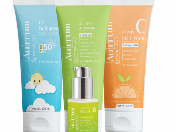 Aurrum Essence co | Skin Glow, Oil Control, Acne Control & Sun Protection Combo | Vitamin C Facewash + Anti-Acne Serum + Oil Free Moisturizer + UV Defender Sunscreen | Skin Brightening, Acne Control, Oil Control, Sun Protection, Radiance & Glow | Vitamin C, Niacinamide, Salicylic Acid, SPF Filters | Ayurvedic | (100+30+50+50 ml)