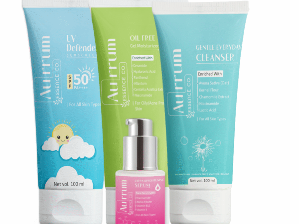 Aurrum Essence co | Skin Glow, Oil Control & Sun Protection Combo | Gentle Everyday Cleanser Facewash + Ultra Brightening Serum + Oil Free Moisturizer + UV Defender Sunscreen | Deep Cleansing, Skin Brightening, Radiance & Glow, Oil Control, Sun Protection | Niacinamide, Alpha Arbutin, Chamomile Extract, SPF Filters | Ayurvedic | (100+30+50+50 ml)