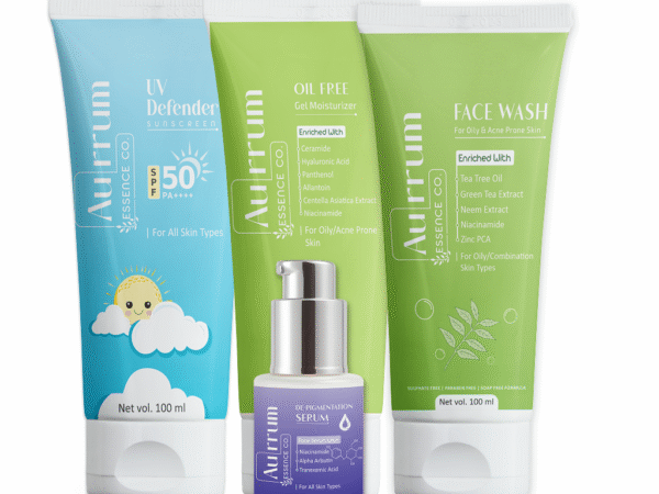 Aurrum Essence co | Oil Control, Spots Reduction & Sun Protection Combo | Tea Tree Facewash + De-Pigmentation Serum + Oil Free Moisturizer + UV Defender Sunscreen | Oil Control, Spots Reduction, De-Pigmentation, Sun Protection, Deep Cleansing | Tea Tree, Niacinamide, Alpha Arbutin, Kojic Acid, SPF Filters | Ayurvedic | (100+30+50+50 ml)