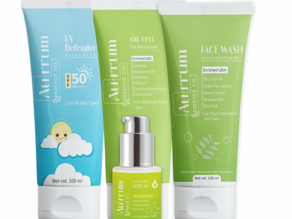 Aurrum Essence co | Acne ,oil control & sun protection combo | Tea tree face wash, UV Defender Sunscreen, Oily free gel moisturizer, Anti acne serum | Niacinamide, Alpha Arbutin, Hyaluronic acid, Tea tree oil, Green tea extract, Panthenol, Zinc PCA, Ceramide | (100+100+100+30 ml)