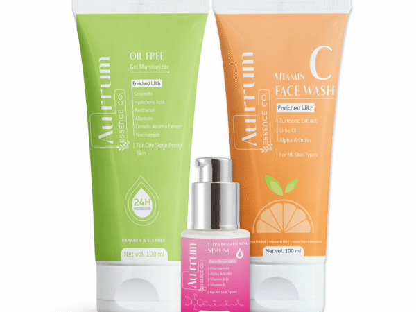 Aurrum Essence co | skin glowing facewash serum and oil control moisturizer combo | Oil Control, Nourishment & Moisturization, Skin Brightening, Radiance & Glow, Skin Smoothening | Niacinamide, Alpha Arbutin, Vitamin E, Vitamin B12, Centella Asiatica extract, Hyaluronic acid, Penthenol, Lime oil, Turmeric Extract, Ceramide | Ayurvedic | (100+100+30 ml)