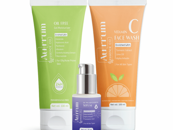 Aurrum Essence co | Spots Removal & Oil Control Facewash Moisturizer Combo | Vitamin C Facewash + De-Pigmentation Serum + Oil Free Moisturizer | Skin Brightening, De-Pigmentation, Spots Removal, Oil Control, Radiance & Glow, Nourishment & Moisturization | Vitamin C, Niacinamide, Alpha Arbutin, Kojic Acid, Lactic Acid | Ayurvedic | (100+30+50 ml)