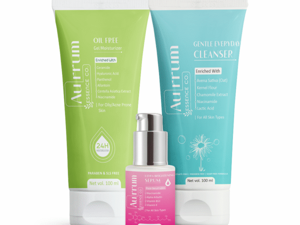 Aurrum Essence co | oil control ,deep cleanser and skin brightening combo | ULTRA BRIGHTENING SERUM, Oily free gel moisturizer, Gentle everyday cleanser | Niacinamide, Alpha Arbutin, Tranexamic Acid, Vitamin B12, Centella Asiatica extract, Panthenol, Lactic acid | Ayurvedic | (100+100+30 ml)