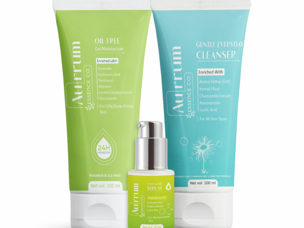 Aurrum Essence co | Oil & Acne Control Deep Cleanser Combo | Gentle Everyday Cleanser Facewash + Anti-Acne Serum + Oil Free Moisturizer | Deep Cleansing, Acne Control, Oil Control, Skin Soothing, Nourishment & Moisturization | Niacinamide, Salicylic Acid, Chamomile Extract, Lactic Acid, Kernel Flour | Ayurvedic | (100+30+50 ml)