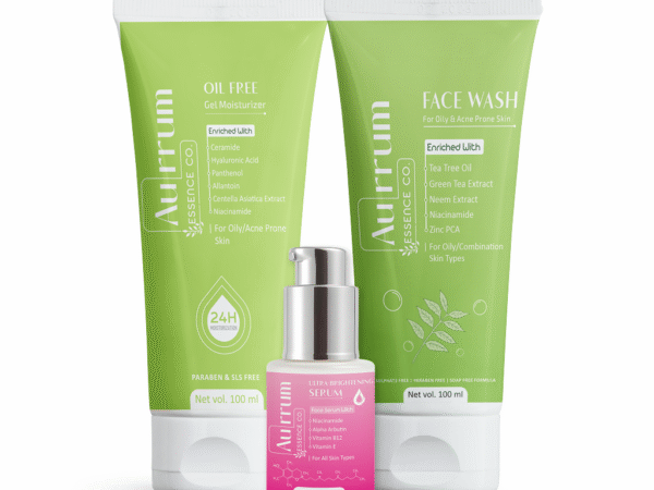 Aurrum Essence co | Skin Brightening & Oil Control Facewash Moisturizer Combo | Tea Tree Facewash + Ultra Brightening Serum + Oil Free Moisturizer | Skin Brightening, Oil Control, Deep Cleansing, Radiance & Glow, Nourishment & Moisturization | Tea Tree, Niacinamide, Alpha Arbutin, Vitamin E, Vitamin B12 | Ayurvedic | (100+30+50 ml)