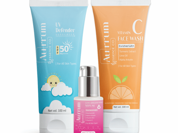 Aurrum Essence co | Skin Brightening & Sun Protection Combo | Vitamin C Facewash, Ultra Brightening Serum, UV Defender Sunscreen | Skin Brightening, Radiance & Glow, Sun Protection, Nourishment & Moisturization | Vitamin C, Niacinamide, Alpha Arbutin, SPF Filters | (100+30+50 ml)