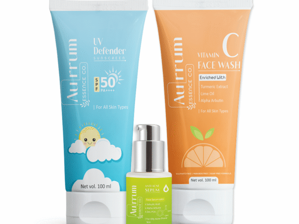 Aurrum Essence co | Sun protection and acne control combo | UV Defender Sunscreen, Anti -Acne Serum, Vitamin C facewash | Alpha arbutin, Zinc PCA, Salicylic acid, Lime Oil, Turmeric extract | SPF 50 PA +++++ | (100+100+30 ml)