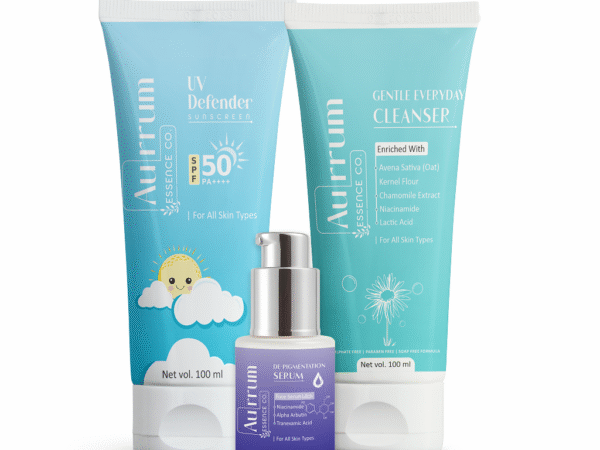 Aurrum Essence co | Sun protection Deep cleanser and spots removal combo | 1 UV Defender Sunscreen SPF 50++++||100 ml, 1 De-Pigmentation Face Serum||30 ml, 1 Gentle Everyday Cleanser||100 ml | Niacinamide, Kernel flour, Lactic acid, Avena Sativa, Chamomile Extract, Alpha Arbutin, Tranexamic Acid, Centella Asiatica Extract | (100+100+30 ml)