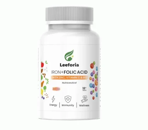 Leeforia Iron with Folic Acid & Vitamin B12 for Women & Men | Hemoglobin Booster | Energy & Anemia Support | 30 Veg Capsules