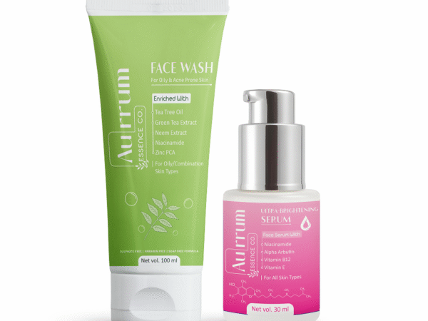 Aurrum Essence co | Oil Control & Skin Brightening Combo | Tea Tree Facewash + Ultra Brightening Serum | Deep Cleansing, Oil Control, Skin Brightening, Radiance & Glow, Nourishment | Tea Tree, Niacinamide, Alpha Arbutin, Vitamin E, Vitamin B12 | Ayurvedic | (100+30 ml)