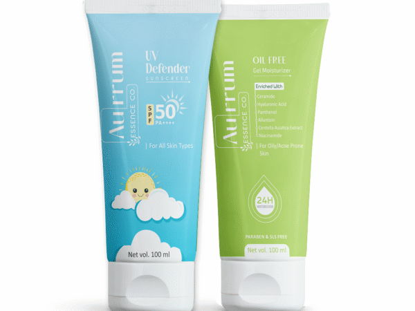Aurrum Essence co | Spots Removal & Sun Protection Combo | Oil Free Moisturizer + UV Defender Sunscreen | Sun Protection, Moisturization, Oil Control, Skin Soothing, Radiance & Glow, Broad Spectrum UV Protection | Niacinamide, Hyaluronic Acid, SPF Filters, Zinc Oxide, Vitamin E | Ayurvedic | (50+50 ml)