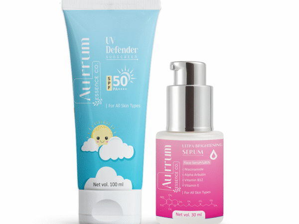 Aurrum Essence co | sun protection and skin glow combo| 1 UV Defender, 1 Ultra brightening serum | Niacinamide, Vitamin E, Vitamin B12, Vitamin B5, Alpha arbutin, Zinc Oxide, Uvinul A plus, Centella extract | SPF 50 PA++++ | (100+30 ml)