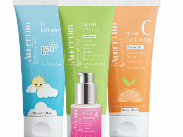 Aurrum Essence co | Complete Brightening & De-Pigmentation Combo | Vitamin C Facewash + De-Pigmentation Serum + Oil Free Moisturizer + UV Defender Sunscreen | Skin Brightening, De-Pigmentation, Oil Control, Sun Protection, Radiance & Glow | Vitamin C, Niacinamide, Alpha Arbutin, Kojic Acid, SPF Filters | Ayurvedic | (100+30+50+50 ml)