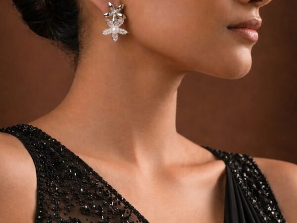 Pearl Blossom Duo floral pearl stud earrings with elegant lightweight design for women