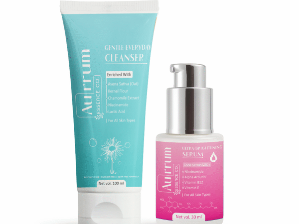 Aurrum Essence co | Deep cleanser and skin glowing combo | ULTRA BRIGHTENING SERUM, Gentle everyday cleanser | Men & Women (100 ml + 30 ml)
