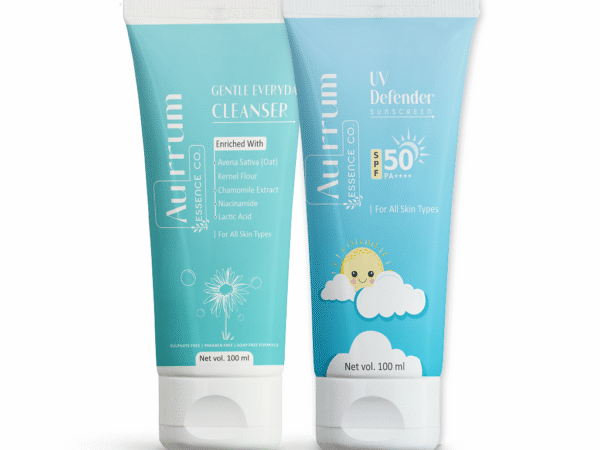 Aurrum Essence co | Sun protection and deep cleanser combo | UV Defender Sunscreen, Gentle everyday cleanser | Kernel flour, Zinc oxide, Vitamin B5, Uvinul plus, Niacinamide, Lactic acid | (100 + 100 ml)