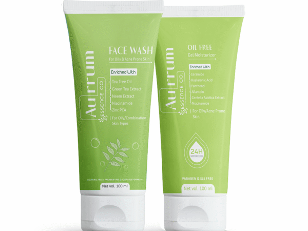 Aurrum Essence co | oil control facewash and moisturizer combo | Tea tree face wash, Oily free gel moisturizer | Niacinamide, Zinc PCA, Tea tree oli, Green tea extract, Neem extract, Hyaluronic acid, Penthenol, Centella Asiatica Extract | (100+100 ml)