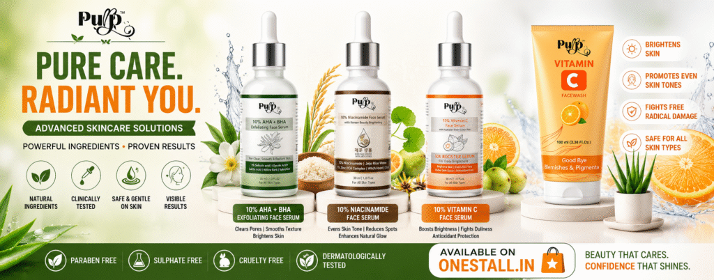 Pure Care Skincare Collection featuring 10% AHA BHA Exfoliating Serum 10% Niacinamide Serum 10% Vitamin C Serum and Vitamin C Face Wash for glowing healthy skin