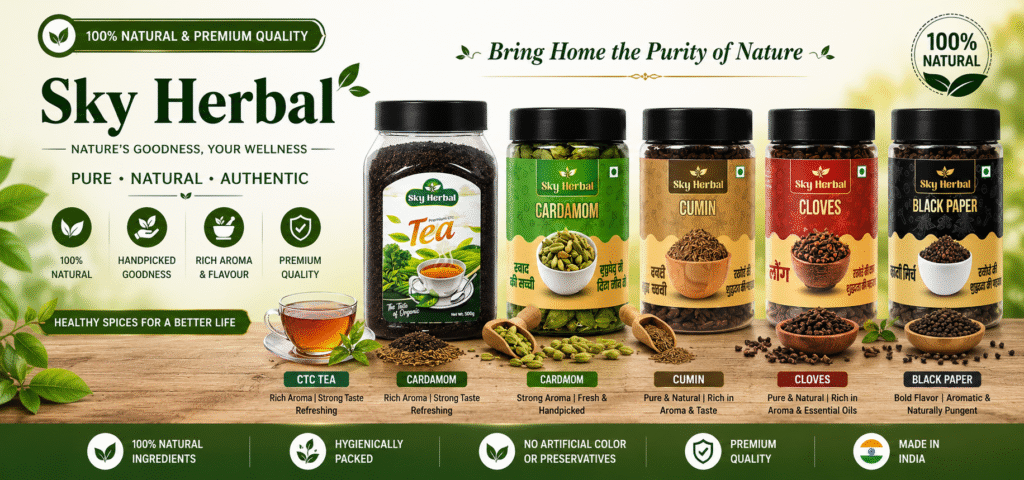 Sky Herbal Premium CTC Tea Cardamom Cumin Cloves Black Pepper Natural Spices Available on Onestall.in